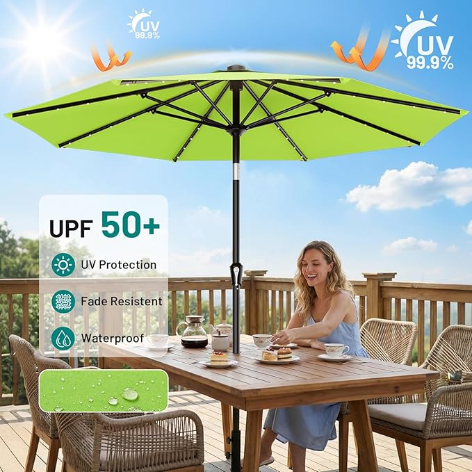 AreShark 9FT Patio Umbrella with Solar Lights, 32 Lighted Pool Umbrella w/Tilt and Crank, Outdoor Market Solar Umbrellas for Garden, Deck, Backyard, Pool and Beach, Apple Green