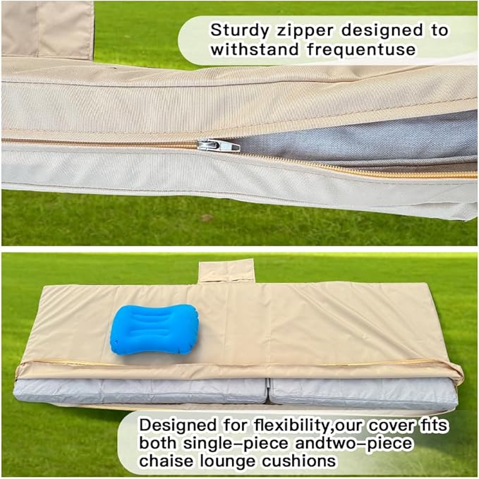 Replacement Covers for Outdoor Chaise Lounge Cushions, 80 x 26 x 3 Inch Patio Lounge Chair Cushion Covers–Waterproof, Fade-Resistant, with 2 Pockets & Inflatable Headrest (Cover Only) Khaki
