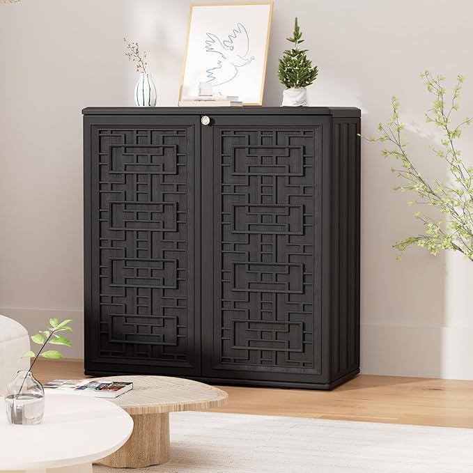 HOMSPARK Indoor/Outdoor Storage Cabinet with Doors and Shelf, 34”x15”x36” HDPE Plastic Storage Box Waterproof for Patio, Garden, Balcony, Multi-Purpose for Daily Tools, Black