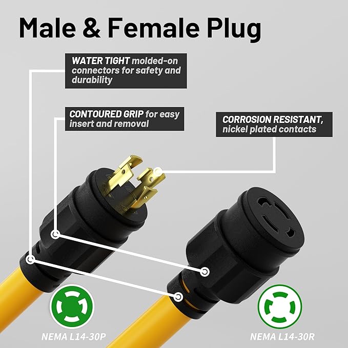 100FT 30 Amp Generator Cord, Outdoor Heavy Duty 4 Prong Extension Cord with Twist Lock, NEMA L14-30P/L14-30R, 30A 125/250V, 10 Gauge, STW, for Home Emergencies, RVs, ETL Listed, Yellow