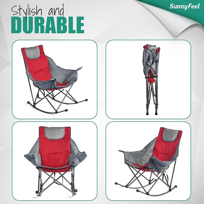 SUNNYFEEL Oversized Rocking Camping Chair, Fully Padded Patio Chair with Side Pocket, High Back Portable Lawn Recliner with Headrest, Outdoor Camp Rocker Chairs for Adults Heavy Duty 500 LBS Carry Bag