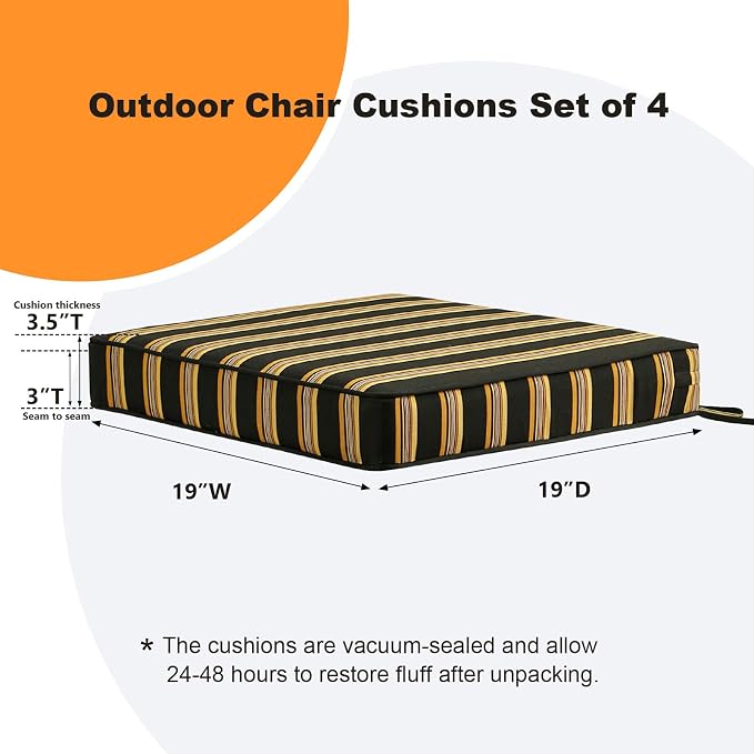 Unimatta Square Corner Seat Cushions, 19" x 19" x 3", Set of 4, Indoor Outdoor Water Repellent Universal Chair Pads with Ties for Patio Furniture, Garden Dining Chairs, Sunset Cabana Stripe