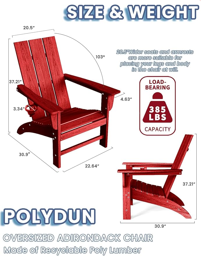 Modern Adirondack Chairs Set of 4, HDPE Plastic Patio Chairs for All Weather, Fire Pit Chair, Outdoor Lawn Chairs for Deck, Porch, Backyard, Garden