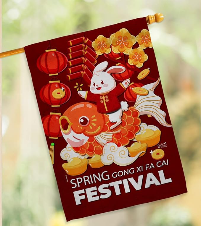 Chinese New Year Of Rabbit Outdoor Decor Banner Room Wall Art Flag Poles For Outside House Patio Porch Lawn Garden Stand Tapestry Yard Sign Lunar New Year Gifts Spring Festival Decorations Made In USA