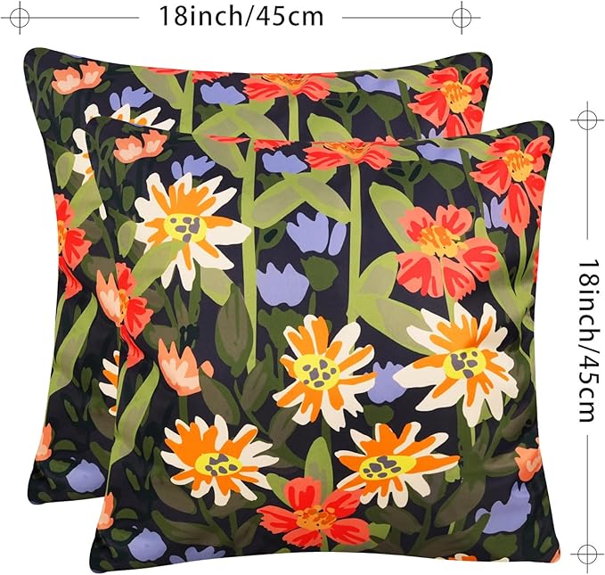 Pyonic Outdoor Pillows Waterproof Cover Pack of 2 Floral Waterproof Throw Pillows 18x18 inch for Patio Furniture Garden Furniture,Balck