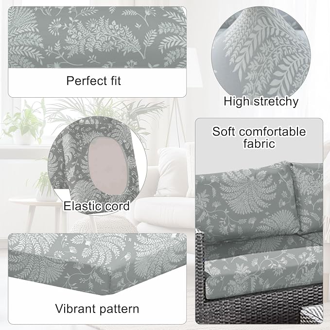 CALBODE Ourdoor Cushion Covers Waterproof Set of 12 Floral Printed Stretch Patio Chair Cushino Covers for Patio Furniture Replacement,Washable Couch Covers for Furniture(Grey)