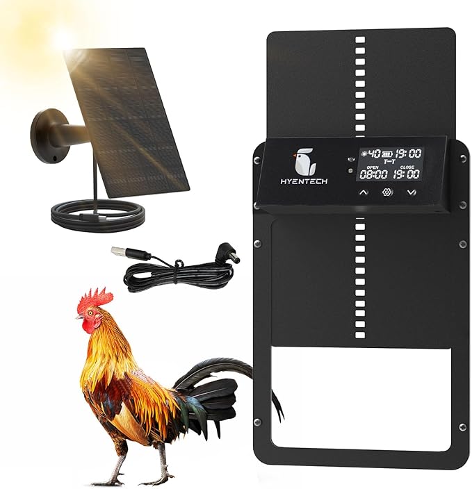 Automatic Chicken Coop Door, Aluminum Chicken Coop Door with Anti-Pinch Feature, Automatic Chicken Door with LCD Display, Solar Chicken Coop with Timer & Light Sensor (Black)