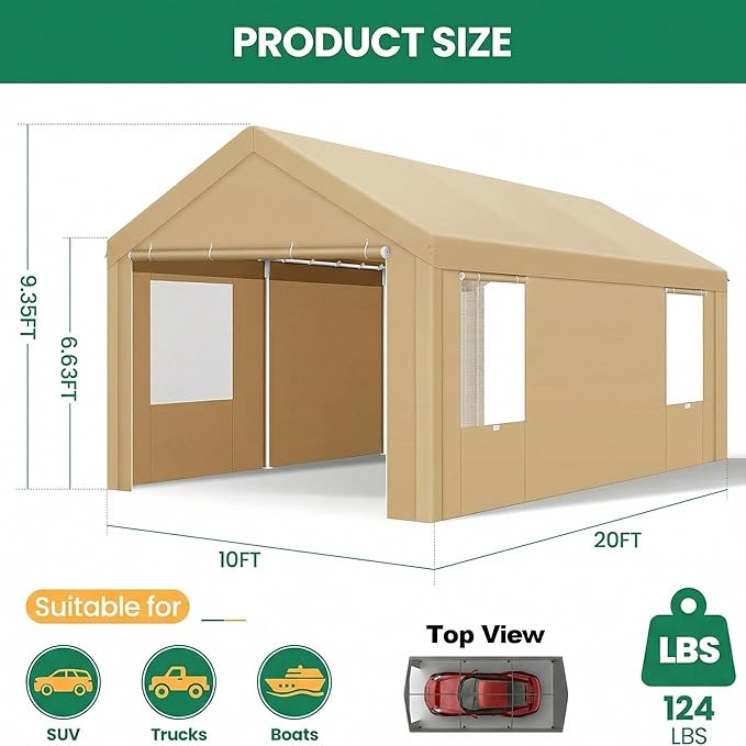 COBIZI 10x20 FT Heavy Duty Carport with Galvanized Frame, Carport Canopy with Roll-up Windows, Storage Tent with Removable Sidewalls & Doors, Built-in Sandbags for Car, Boat, Truck, Khaki
