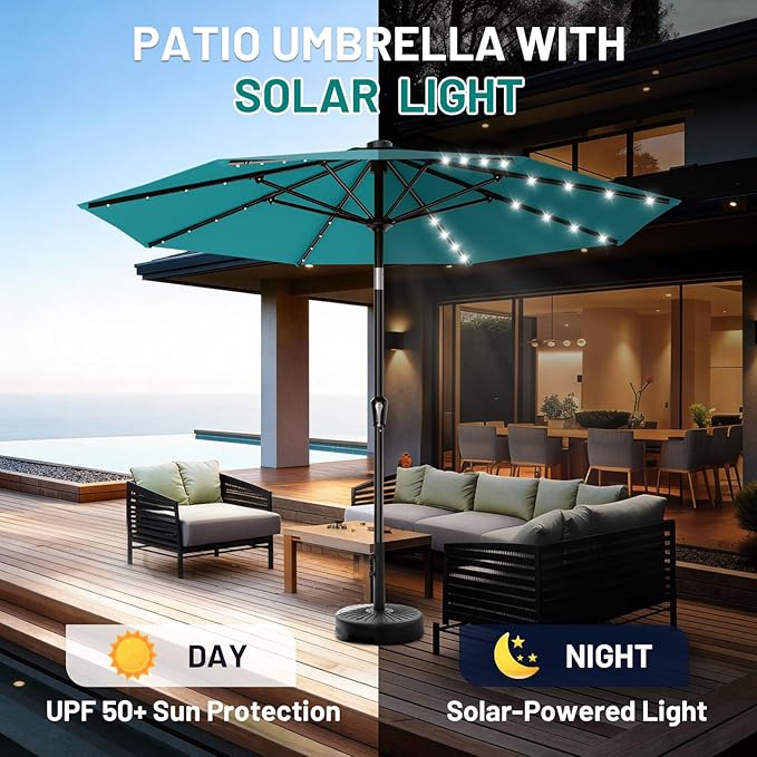 AreShark 9FT Patio Umbrella with Solar Lights, 32 Lighted Pool Umbrella w/Tilt and Crank, Outdoor Market Solar Umbrellas for Garden, Deck, Backyard, Pool and Beach, Lake Blue