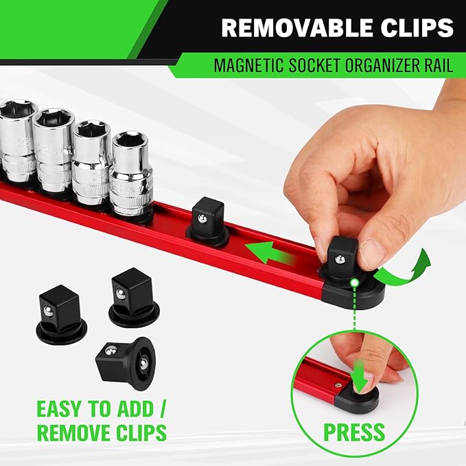 1/2-Inch Magnetic Socket Organizer Rail, Aluminum Alloy Socket Rail, Heavy Duty Sockets Holder with 12 Clips, 360° Swivel Clip Tool Tray, Sockets Organizer for Tool Box Drawer (Red)