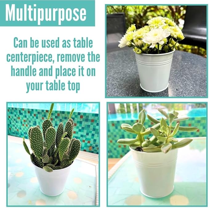 LaLaGreen Bundle- 10 Pack, 4 Inch White Metal Pot + 5 Pack, 9.8 Inch Hanging White Metal Pot Deck Rail Fence Herb Flower Plant Boxes Window Patio Porch Bucket with Hook Wall Mount Outdoor Garden Decor