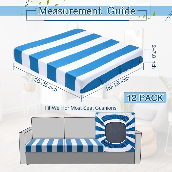 Newwiee 12 Pcs Patio Stretch Outdoor Cushion Covers Sofa Couch Cover Replacement Couch Slipcover Sofa Seat Chair Porch Patio Furniture Protector, Flexibility Washable (Blue White,Stripes)