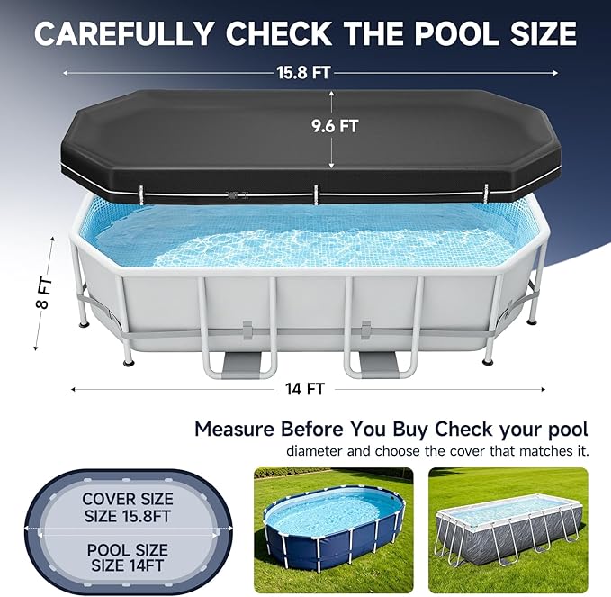 LXKCKJ 8X14 FT Pool Cover for Above Ground Pools, 420D Heavy Duty Oxford | Snug Fit for Oval /Rectangular Pool, 634N Tear-Resistant, Waterproof, Windproof, UPF50+ UV Protection, Cuts 95% Evaporatio
