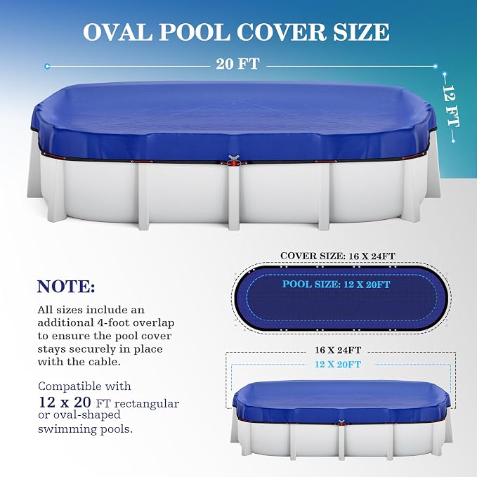 UIRWAY 12x20FT Oval Pool Cover [2026 Upgrade 185GSM] Heavy-Duty PE Above Ground Pool Cover, Metal Buckle, Cold & UV Resistant, Tearproof