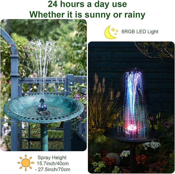 Jutai 24-Hours Working Bird Bath Fountains Electric, Adjustable Quiet Water Fountain Pump with LED Lights for Garden,Small Fish Tank, Pond,Water Features - 7 Nozzles,16.4Ft Power Cord