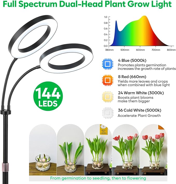 Dual Head Grow Lights for Indoor Plants - Full Spectrum 144 LED Growing Lamps with 3H/9H/12H Auto Timer, 3 Color Modes, 10 Brightness Levels, Height Adjustable 23-67" - Sun Light for Large Tall Plant