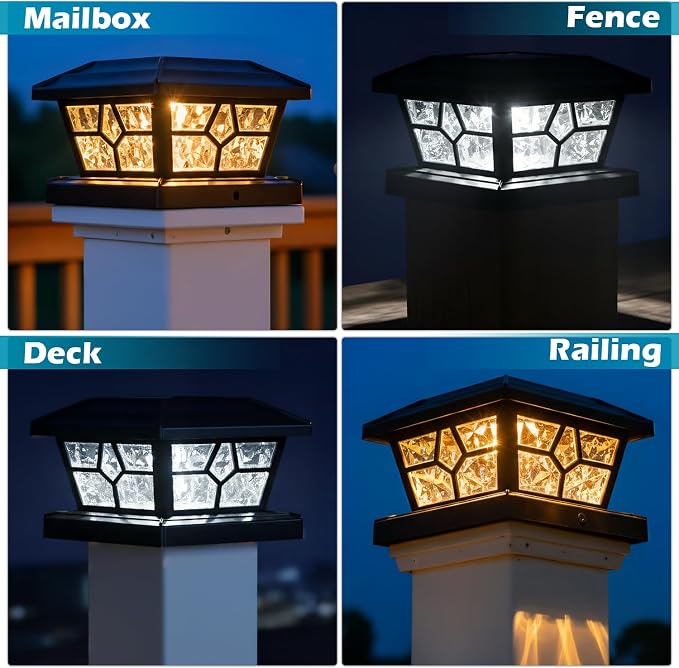 SIEDiNLAR Solar Post Lights Outdoor 2 Pack 4 Modes 40 LEDs Deck Fence Post Cap Light for 4x4 5x5 6x6 Wooden/Vinyl Posts Patio Decor, Warm/White Dynamic Lighting (Black)