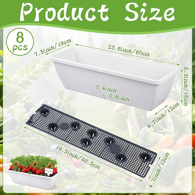 8 Pcs 24 Inch Plastic Flower Window Box Planter with Water Absorbing Net Drainage Holes & Visible Water Level Window, Rectangular Vegetable Flower Pots for Indoor Outdoor (White)