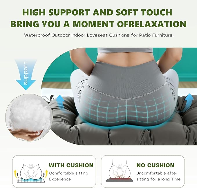 Wicker Chair Cushions Set, 2 U-Shaped Cushions & 1 Loveseat, Waterproof Outdoor Loveseat Cushion for Patio Furniture, Settee Bench Pad All Weather,Gray