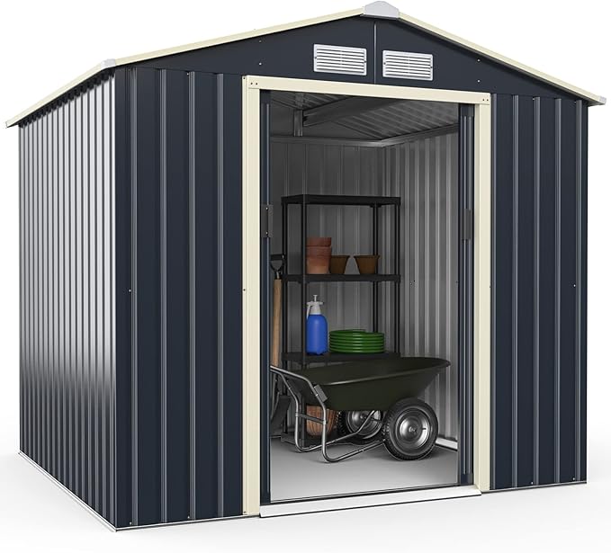 Goplus Storage Shed, Metal 7' X 6' Outdoor Building Organizer with 4 Vents & Double Sliding Door for Garden Backyard Farm (7'X6')