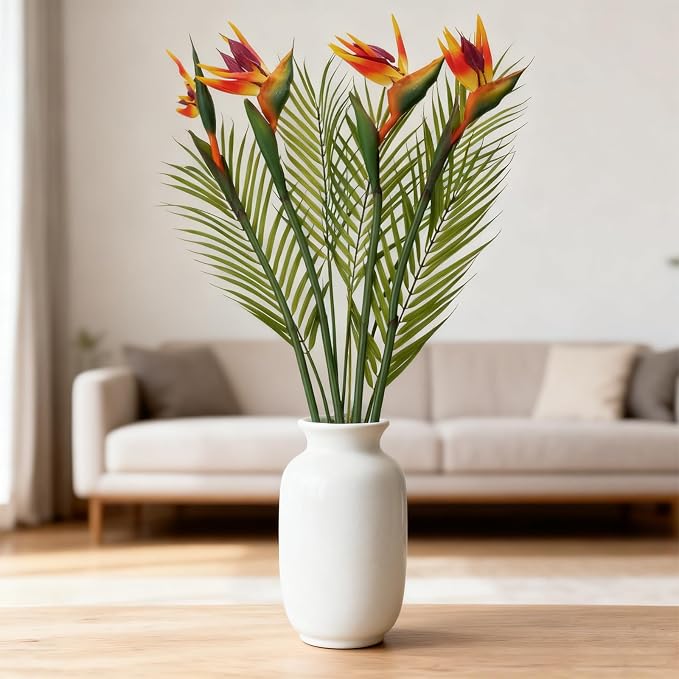 5Pcs 31.5Inch Artificial Birds of Paradise Plant Faux Birds of Paradise Stems for Vases with Palm Leaves for Wedding Home Party Hotel Table Centerpiece Indoor Outdoor Vases Decor(Green)