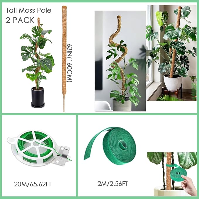 2 Pack 63" Bendable Moss Pole for Plants Monstera, Moss Poles for Climbing Plants Indoor, Coir Plant Pole Sticks Support Stakes for Potted Plant, Pothos, Philodendron Plants