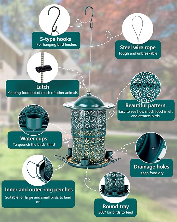 Metal Bird Feeders for Outdoors Hanging, Weather Resistant Wild Bird Feeder with 360 Degree Feeding Tray, Green (Vintage Green)