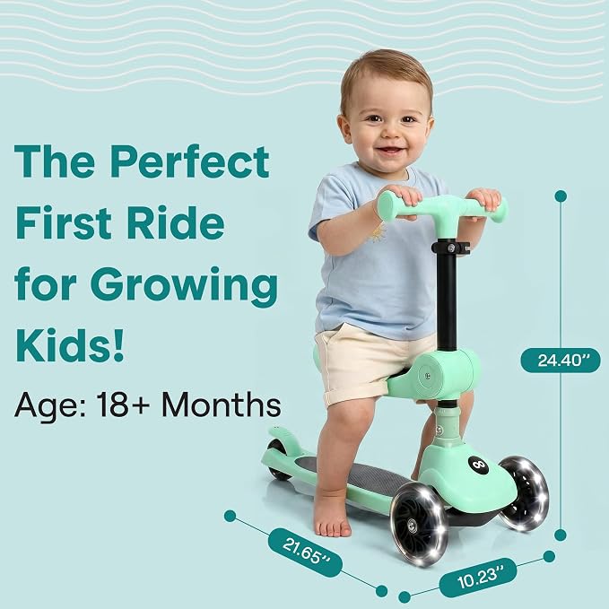 SereneLife 3 Wheel Scooter for Toddlers & Kids, Foldable Seat, LED Wheels, Adjustable Handlebar, Anti-Slip Deck, Rear Foot Brake, Lean-to-Steer, Kid Scooter, Supports up to 110 lbs (Mint Green)