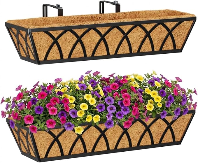 Y&M Window Boxes Horse Trough with Coconut Coir Liner, 24 Inch Window Deck with Coco Liner, Fence Metal Hanging Flower Planter Window Basket Deck Railing Planter Boxes (X - 24in 2P)