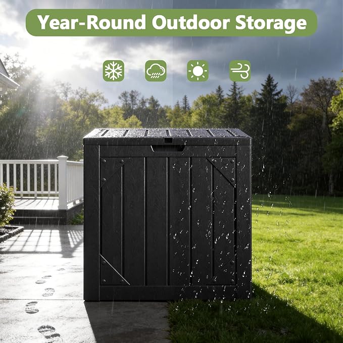 30 Gallon Outdoor Deck Box 4 Pack, Waterproof Resin Patio Storage Boxes with Lockable Lid, Small Outdoor Storage for Cushions, Accessories, Garden Tools, Indoor Outdoor Organizer, Black