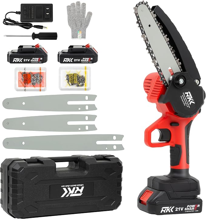RKK Mini Chainsaw Cordless, 6 Inch + 8 Inch Portable Electric Chainsaw, Handheld Chain Saw with 2x Big Batteries Pruning Shears for Gardening, Courtyard, Household (MINI CHAINSAW + 2 Batteries)