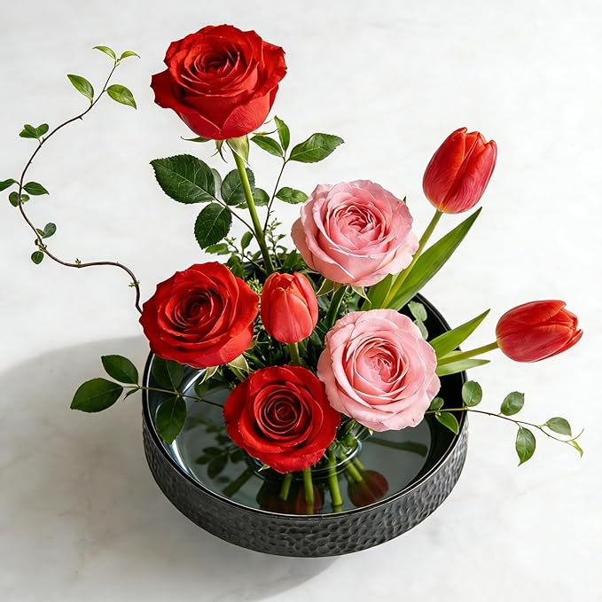 Japanese Ikebana Vase Kit, Flower Shallow Container Ceramics Ikebana Vase with 1.57inch Flower Frog and Floristry Floral Frog Kenzan Needle Straightening Tool (Hammer Pattern Bowl)