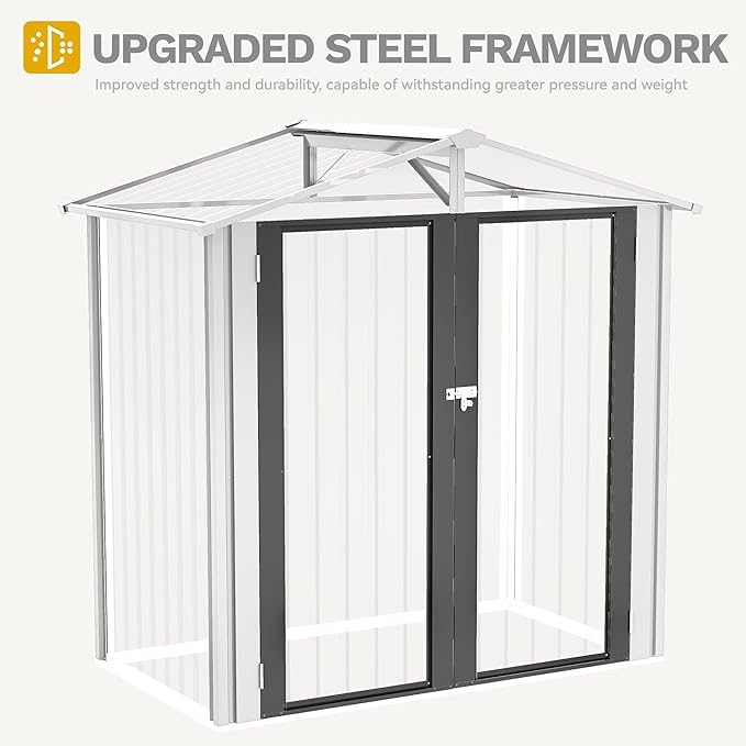 DWVO 6x4ft Storage Shed for Outdoors, Metal Sturdy Weatherproof Tool Locker with Secure Door and Ventilation for Equipment, Mowers, Bikes, Outdoor Spaces, White