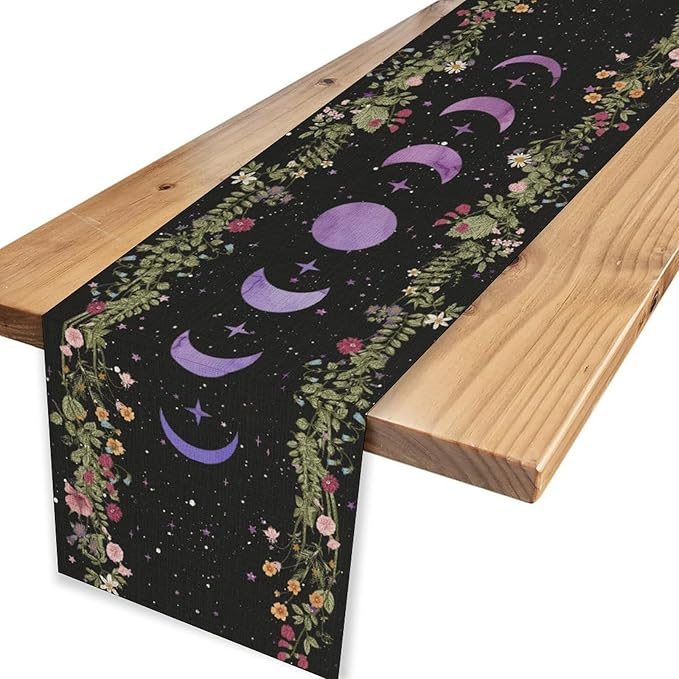 Boho Floral Table Runner, Spring Gothic Wild Flower Purple Moon Phase Star Seasonal Mystical Coffee Table Center Decor for Family Holiday Party Kitchen Outdoor Farmhouse Table Decorations, 13"x90"
