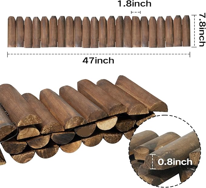 Wood Garden Edging, Half Round Natural Wooden Solid Log Fence Border Decorative for Flower Bed Barriers and Landscape Fencing (7.8" H x 47" L, 1 Pack)