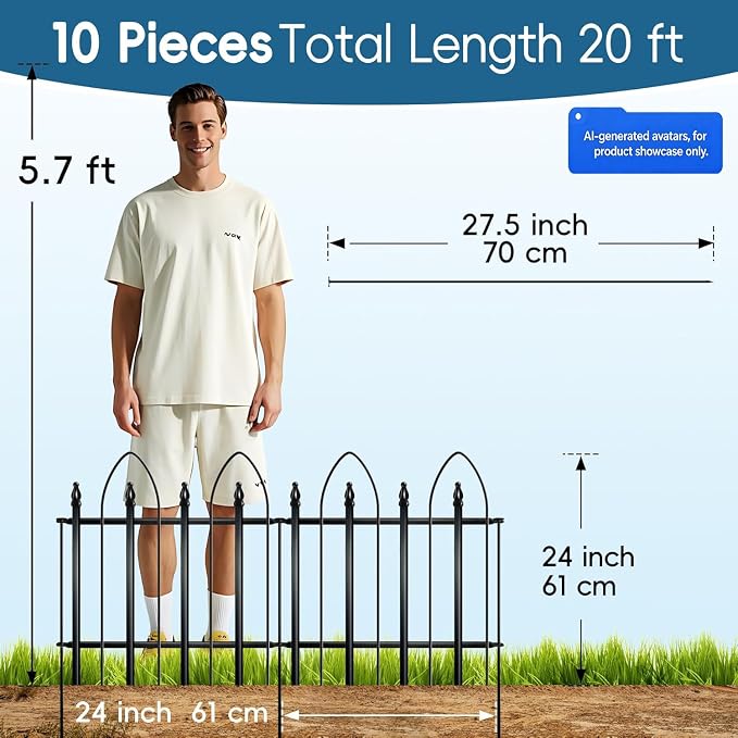 Thealyn Garden Fence 24" W x 24" H (10 Panels, Total 20 ft), Metal Fence Decorative Border Fence, Rustproof Landscape Fencing for Dog, Flower Bed, Yard, Patio, Animal Barrier