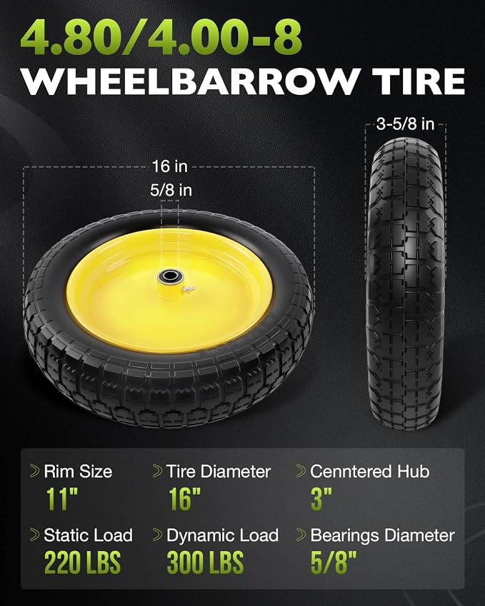 4.80/4.00-8 wheelbarrow tire, 16" Flat Free Solid Tire and Wheel, 3" Centered Hub, 5/8" & 3/4" Bearings, Universal Replacement for Garden Carts Wagon Wheel Barrow, 2 Pack