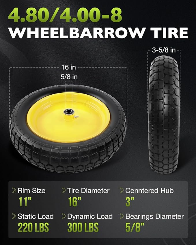 4.80/4.00-8 wheelbarrow tire, 16" Flat Free Solid Tire and Wheel, 3" Centered Hub, 5/8" & 3/4" Bearings, Universal Replacement for Garden Carts Wagon Wheel Barrow, 1 Pack