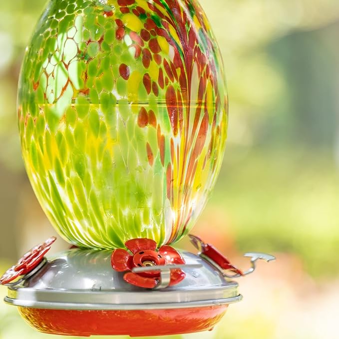 Muse Garden Glass Humming Bird Feeders for Outdoors - 27OZ Blown Glass Hummingbird Feeder - Unique Gift Mom Women Grandparents, Outdoors Hanging Garden Decor, Ant Moat & Brush, Green Floral