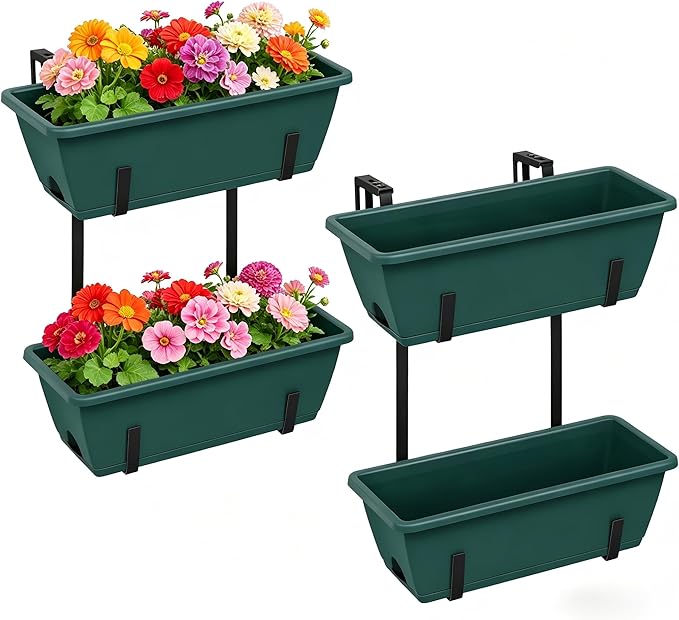 Deck Railing Planter Boxes 2 Tier Green Outdoor Hanging Planters Set of 2 with 4 Pack Flower Boxes 16.9 Inch Window Boxes Planters with Adjustable Brackets Balcony Planters for Garden Porch Patio