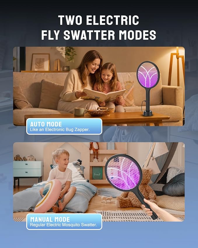 Mosiller Electric Fly Swatter Racket, 4000V Bug Zapper with 1800mah & Dual Modes, 2 in 1 Rechargeable Purple Mosquito Light Killer with 3-Layer Safety Mesh for Indoor Home Patio Camping Office(1 Pack)
