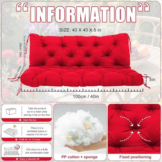 Porch Swing Cushions 2 Seater Replacement Thicken 5" Waterproof & Fade Resistant Swing Cushions for Outdoor Furniture Bench Patio Swing Cushion with Backrest & Ties(Rose Red 40x40x5inch)