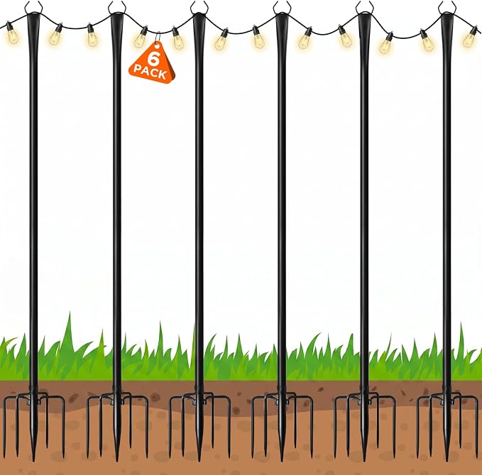 10FT String Light Poles, Heavy Duty Outdoor Light Pole Stand, 5-Prong Reinforced Steel Base, Anti-Rust, for Patio Garden Deck, Support Bistro & Edison Bulb Lights (6 Pack)