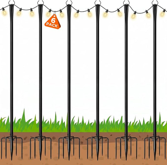 10FT String Light Poles, Heavy Duty Outdoor Light Pole Stand, 5-Prong Reinforced Steel Base, Anti-Rust, for Patio Garden Deck, Support Bistro & Edison Bulb Lights (6 Pack)