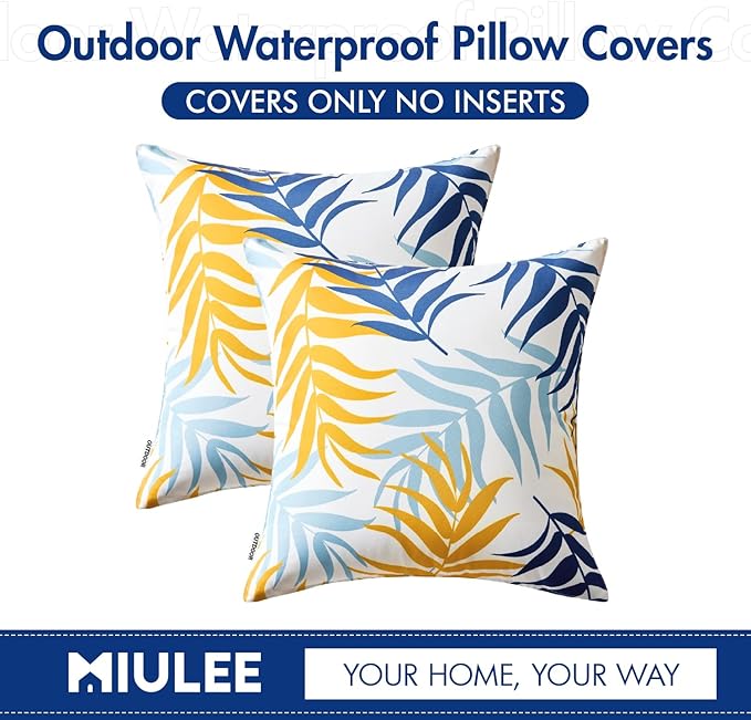 MIULEE Pack of 2 Decorative Outdoor Waterproof Throw Pillow Covers Patio Pillow Cases Natural Leaves Pattern Spring Square Cushion Shams Shell for Garden Balcony Couch 18x18 Inch, Yellow Blue