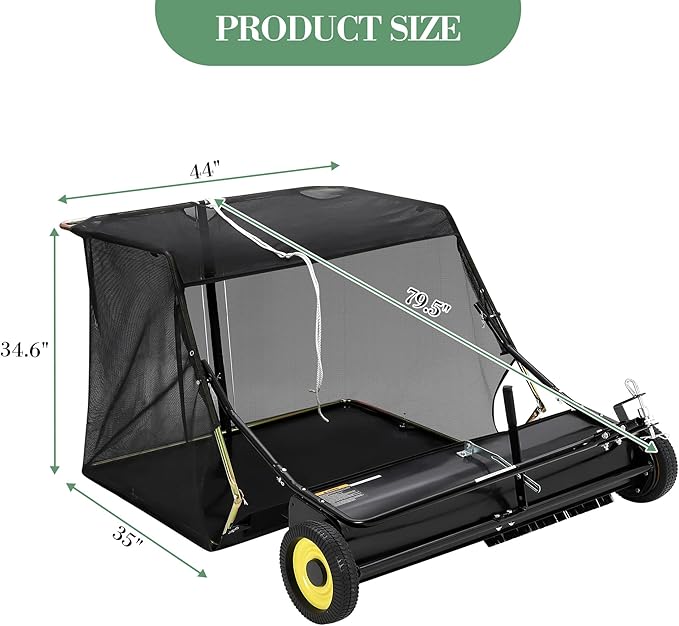 44-Inch Tow-Behind Lawn Sweeper, 12 Cu.ft Large Capacity Leaf & Grass Collector with Universal Hitch, Adjustable Sweeping Height & Easy Dump Rope, Heavy-Duty Yard Sweeper for Tractor ATV UTV