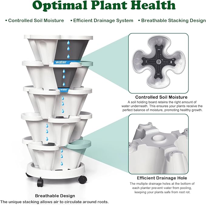 Strawberry Planters, 3 Tiered Vertical Stackable Planter, Herb Stacking Tower Garden, Flower Vegetable Planters with Support Pole, Indoor & Outdoor with Removable Wheels - Dark Grey