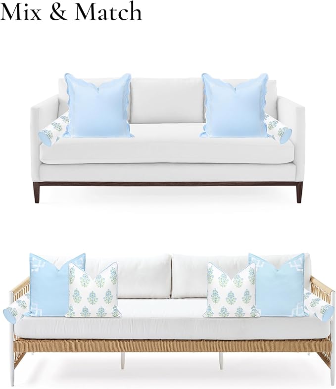 Hofdeco Premium Coastal Grandmillennial Patio Indoor Outdoor Bolster Pillow Cover Only, 6"x20" Water Repellent for Backyard, Couch, Poolside, Baby Blue Print Flower