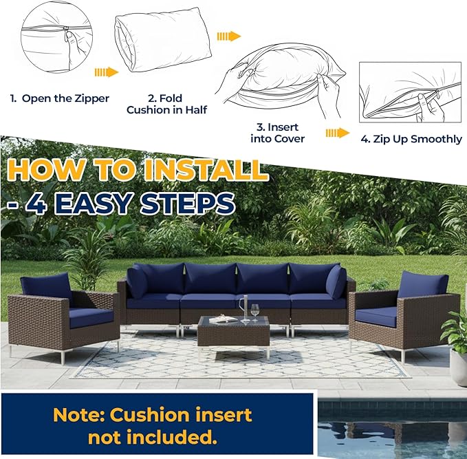 HOMREST 14-Piece Outdoor Cushion Covers Set for Patio Furniture, Reversible Double-Sided Sofa Slipcovers with Zipper, Water-Repellent Replacement Covers Only (Navy, 25.6×25.6×3.9in)