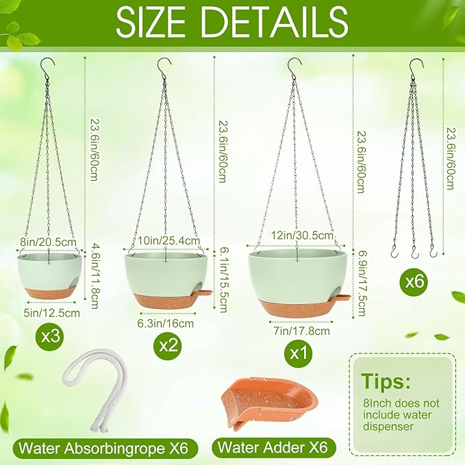 6 Pack Hanging Planter Set 12/10/8 Inch Plastic Self Watering Hanging Baskets Plant Pot with Drainage Holes and Chain for for Indoor Outdoor Garden Porch Plants